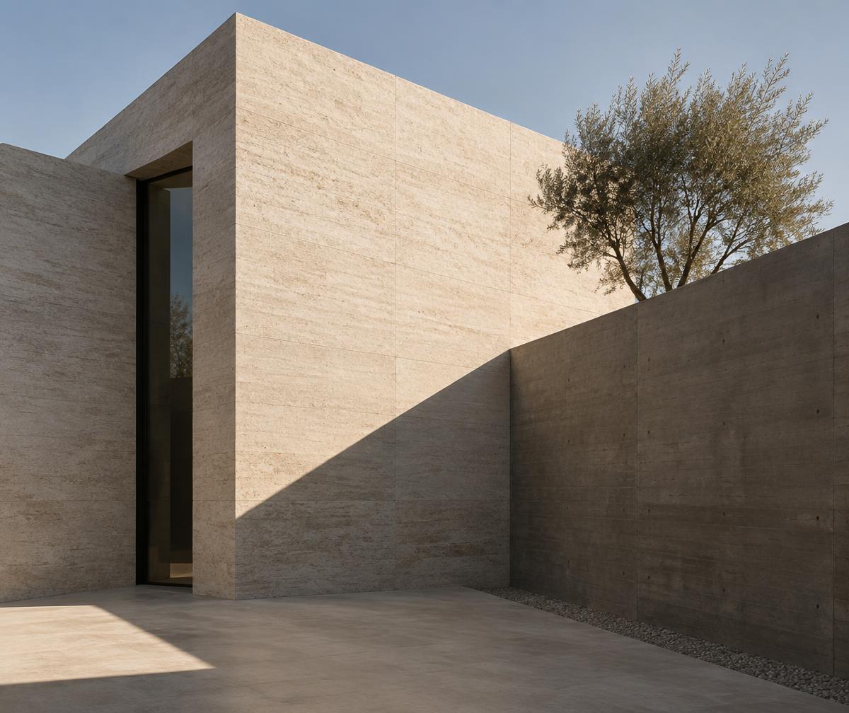 An angular pale stone volume beside a darker concrete wall in bright daylight