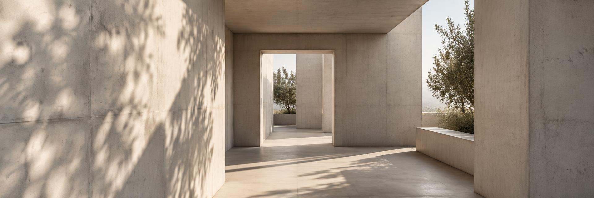 A sequence of pale concrete walls and openings suggesting passage and progression