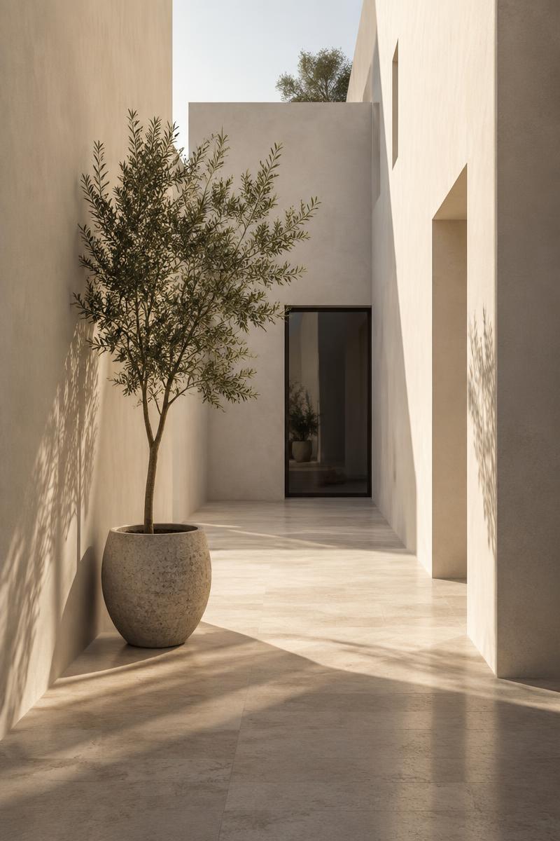 A sunlit courtyard passage with pale plaster walls and a slender tree