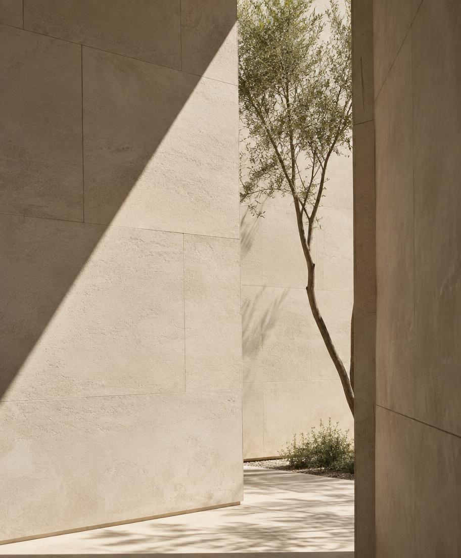 Sunlit pale stone walls framing a narrow architectural opening