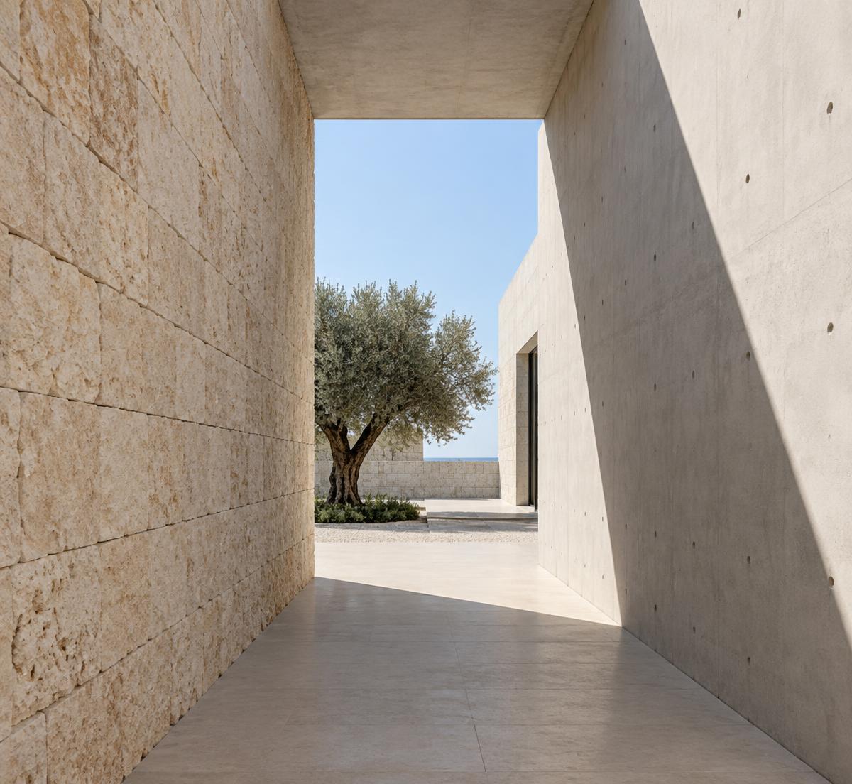 A narrow passage between pale stone walls opening onto daylight and a tree